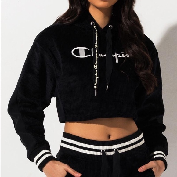 Champion Tops - CHAMPION black corduroy crop top hoodie sweatshirt top signature logo